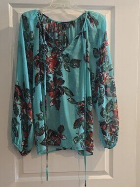 Karen Kane Teal and Red Floral Blouse